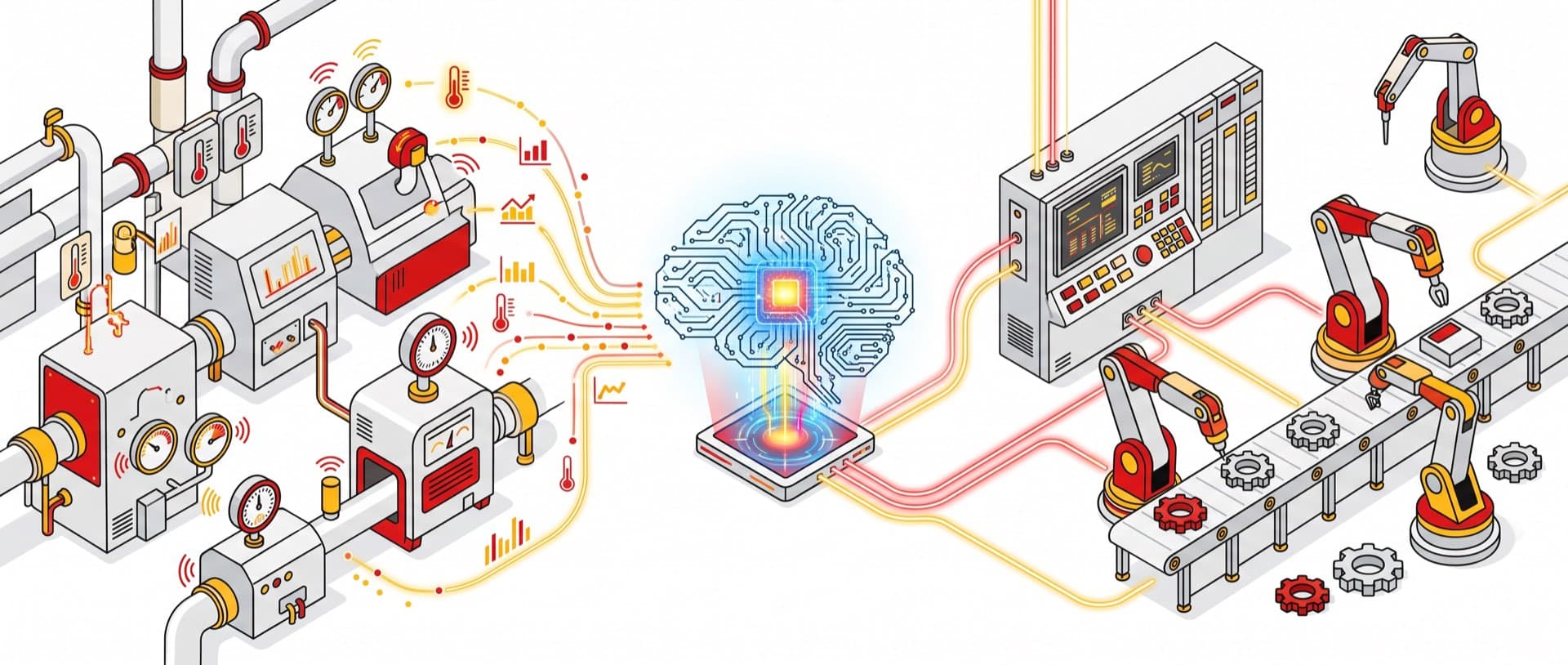 센서, AI, 제어 시스템이 융합된 스마트 팩토리 개념도